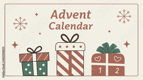Christmas countdown calendar vector with numbered boxes gifts snowflakes and cozy winter theme for advent celebration and home decor




