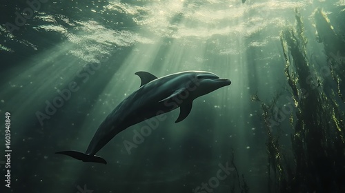 Majestic dolphin emerges under ocean sun spotlight scene high resolution picture