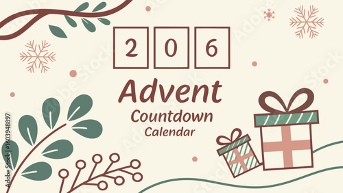 Vector illustration of a Christmas countdown calendar featuring numbered boxes, gifts, snowflakes, and a cozy winter advent theme for festive home decor.

