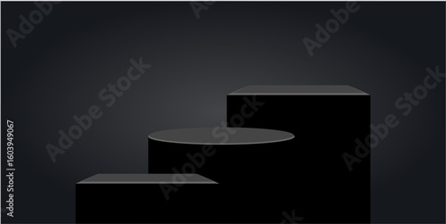 Black elegant cylinder and cube podium stage platform pedestal vector. Ideal for product displays, awards, presentations, or minimalist design needing a sophisticated, geometric base.	
