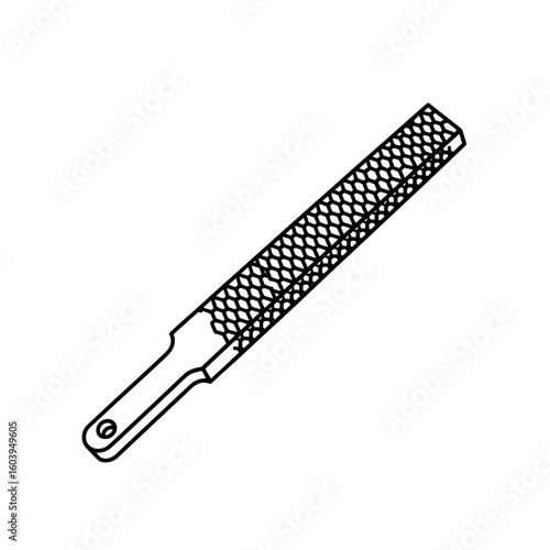 Black and white detailed illustration of a metal rasp or file used for shaping materials.