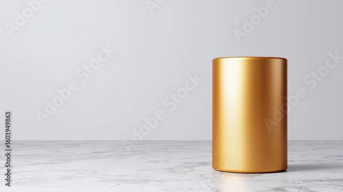A shiny gold cylinder stands upright on a marble floor.