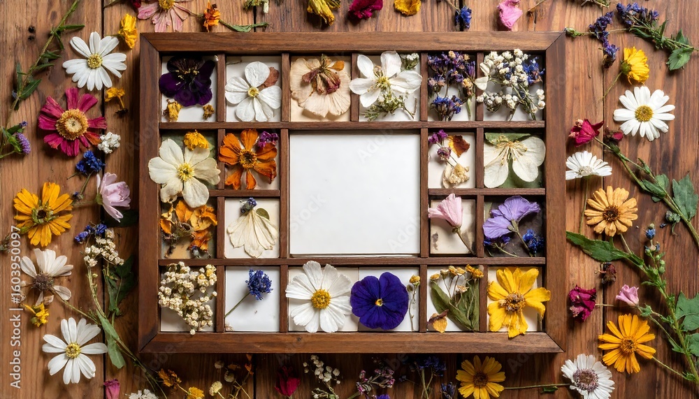Fototapeta premium Pressed flowers in wooden box with blank center
