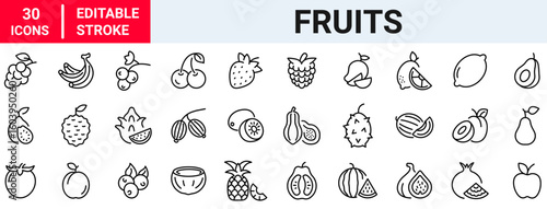 Fruits and Vegetables web line icons. Vegetables and berries. Editable stroke. Vector illustration