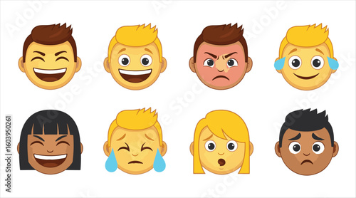 Collection of cartoon vector emojis set against a white backdrop

