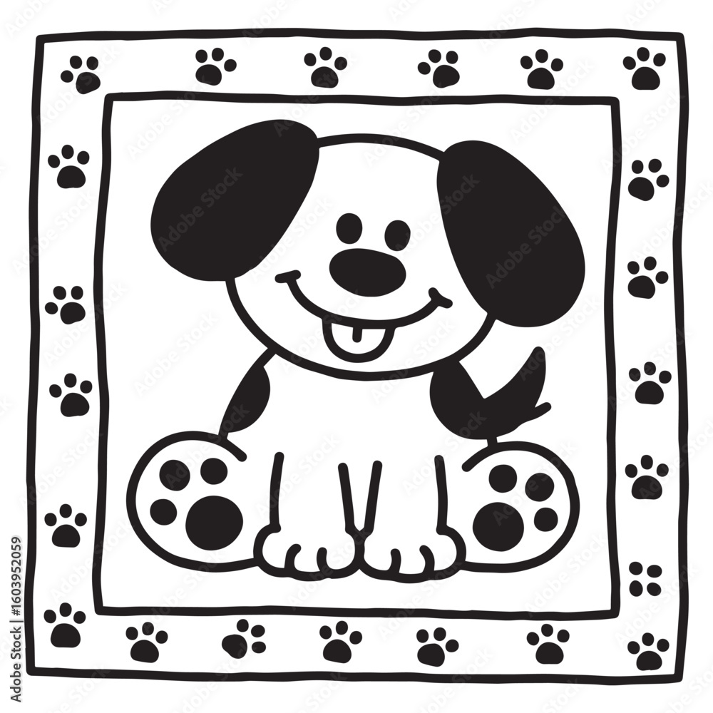 Naklejka premium A black and white line art illustration of a cheerful dog with large, floppy ears and a wide, happy grin, depicted in a simplified, cartoon style perfect for young children.