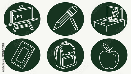 School and Classroom Icon Set – Chalkboard Green Vector Icons for Education and Learning Materials