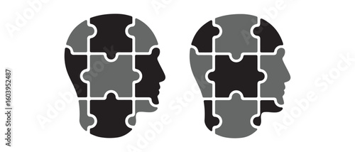 Human Mind Puzzle Icons. Gray and Black Head Silhouettes in Jigsaw Brain Concept.