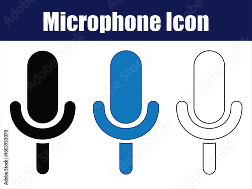 Microphone Icon Variants in Solid, Color, and Outline Styles. Three stylized microphone icons in solid black, blue-filled, and outlined white variations.