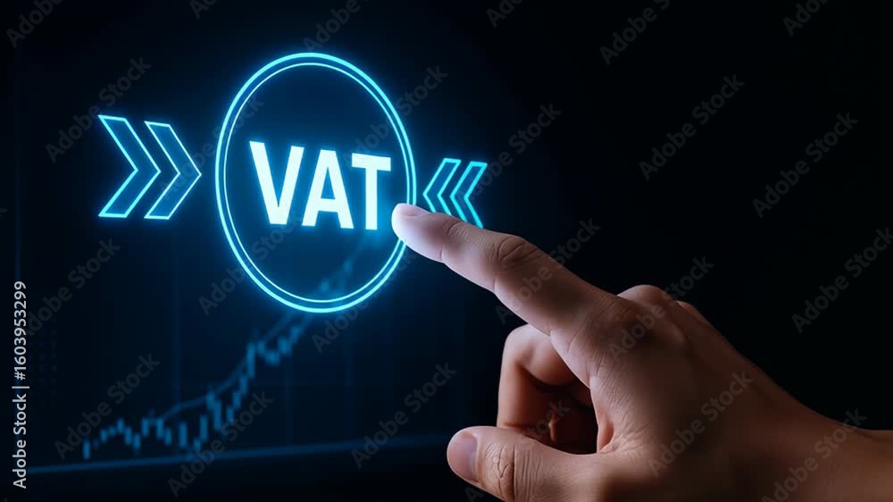 Tax impact trade. Hand touching digital VAT icon with arrow and financial graph background showing growth concept on futuristic screen Tax impact trade. Hand touching digital VAT icon with arrow and financial graph background showing growth concept on futuristic screen