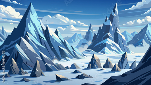 Jagged peaks of frozen stone pierce the snow-dusted skies, surrounded by dense fog and shifting sheets of snow