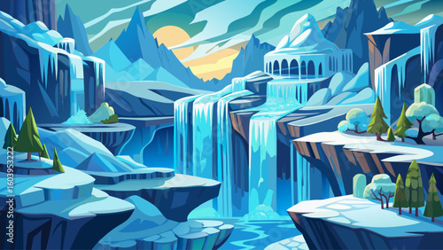 Frozen waterfalls cascade down cliffs of compacted snow and ancient glacial ice, forming bizarre sculptures of nature’s pas