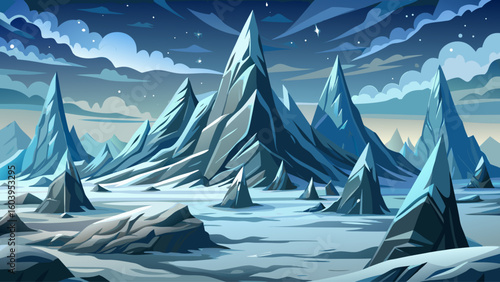 Jagged peaks of frozen stone pierce the snow-dusted skies, surrounded by dense fog and shifting sheets of snow