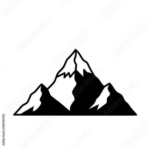 Black mountain peak icon in silhouette style representing travel, landscape, and adventure