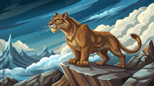 A saber-toothed cat perches on a snowy ridge, scanning the frozen plain for prey under a cloudy, gray Ice Age sky
