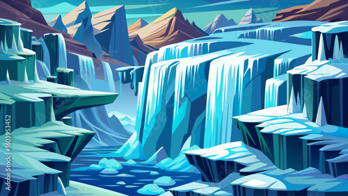 Frozen waterfalls cascade down cliffs of compacted snow and ancient glacial ice, forming bizarre sculptures of nature’s pas