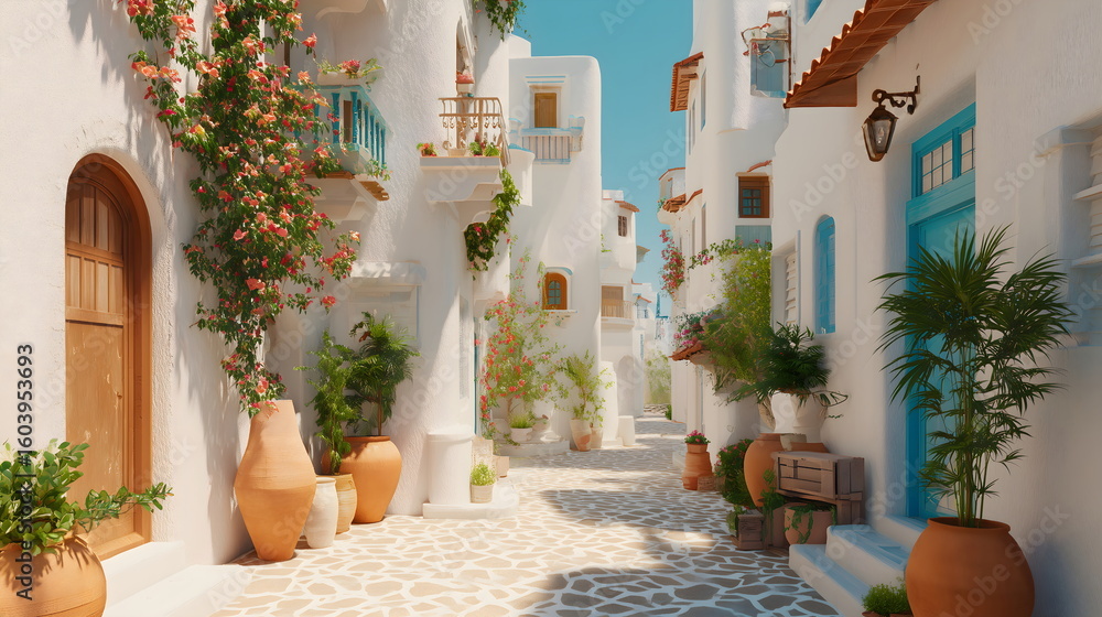Fototapeta premium Traditional white houses in sunlit Mediterranean street with pots