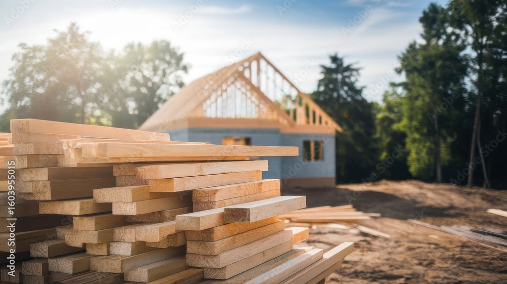 Obraz premium Residential construction site, wooden frame of new house under construction