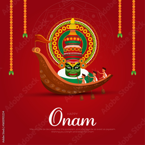 Happy Onam Post and Greeting Card. Minimal and Modern Onam Festival Poster and Flyer Template with Text and Onam Boat Race Vector Illustration