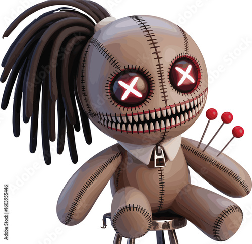 Stylized voodoo doll with button eyes, stitched mouth, black yarn hair, sitting on stool, pins in arm, cartoon horror magic illustration for Halloween decor design