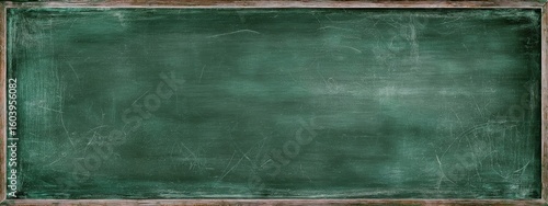 Vintage dark green chalkboard background with smudges and scratched wood frame texture