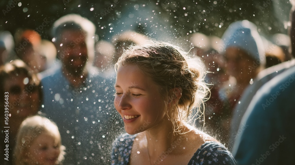 Obraz premium Joyful baptise moment: happy young woman in a crowd with water drops on face, smiling eyes closed, sunny day