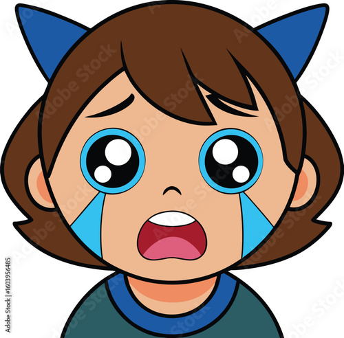 A young girl with cat ears cries, expressing overwhelming sadness against a white background, showcasing a cartoonish style.
