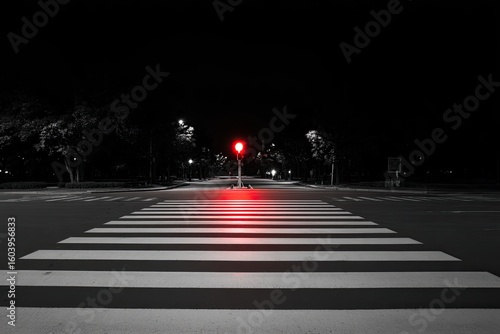 Empty city street at night with a red stop light