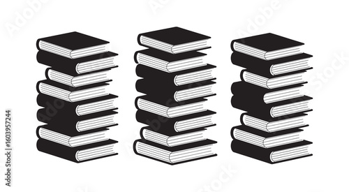  Three Tall Book Stacks - Black and White Silhouette Design
