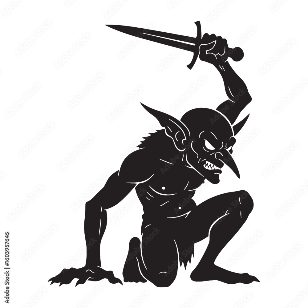Fototapeta premium Born of caves and chaos – Goblin silhouette shaped through rugged Goblin vector – Goblin illustration – Halloween vector