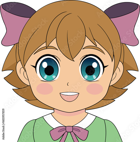 A cheerful young girl with large, expressive eyes smiles warmly, wearing a light green dress and purple bows in her hair.