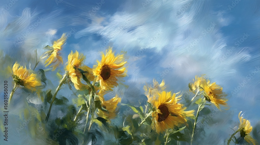 Obraz premium Vibrant sunflowers swaying gracefully in a beautiful field beneath a glowing summer sky