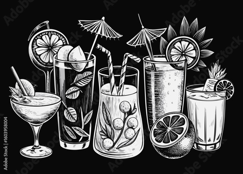 A vibrant vector illustration of a refreshing set of fruit cocktails and drinks with citrus garnishes, perfect for a summer party