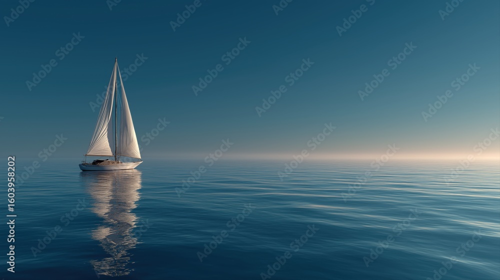 Obraz premium Sailboat with White Sails on Calm Open Sea During Sunset