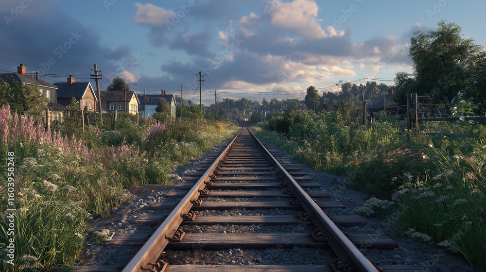 Fototapeta premium Railroad Tracks Running Through Rural Green Landscape in Sunset Light