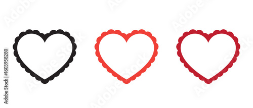 Scalloped Heart Outline Icon Set. Black, Orange & Red Symbols of Romantic Design and Emotive Contrast.