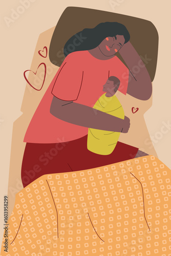 A mother peacefully cuddles her newborn baby while resting in bed, expressing deep love and warmth.