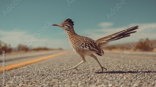A roadrunner bird walking confidently along a desert highway.