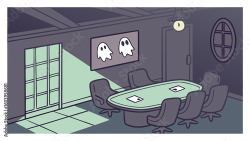 A dimly lit room with a poker table surrounded by chairs and a picture of two ghosts on the wall is seen