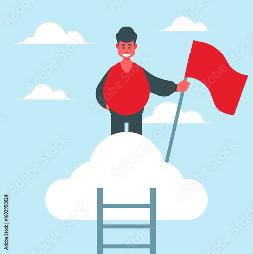 Vector illustration of a man standing on a cloud holding a flag, symbolizing success, vision, dreaming big, leadership, ambition, and achieving goals. Ideal for motivational, business, startup.