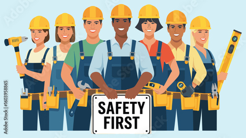 Group of seven construction workers with yellow helmets holding tools and “Safety First” sign, teamwork cartoon vector, industrial labor illustration for workplace safety poster design