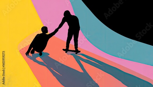 Two figures, one helping the other, against a backdrop of vibrant colors