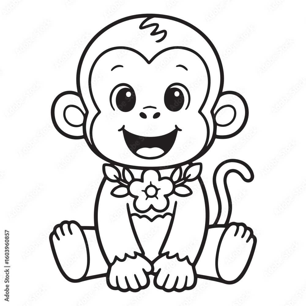 Obraz premium A black and white line art illustration of an adorable baby monkey Silhouette vector design.