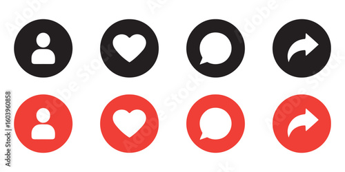 Social Interaction Icon Set. Essential UI Symbols for Likes, Comments, Shares, and Profiles.