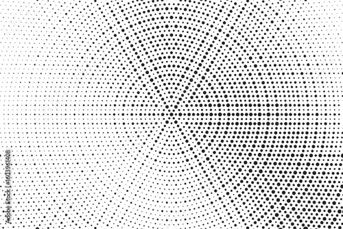 Radial halftone dots. Spotted and dotted stains gradient background. Concentric comic texture with fading effect. Black and white rough gritty wallpaper. Grunge monochrome geometric backdrop. Vector
