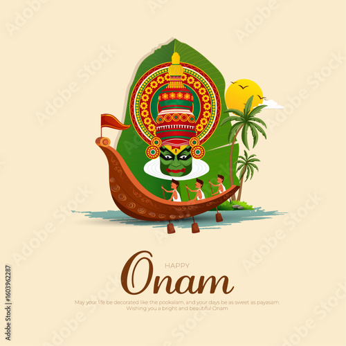 Minimal and creative illustration with decorated background of Onam celebration of India. Kerla festival banner, poster, greeting card. vector illustration.