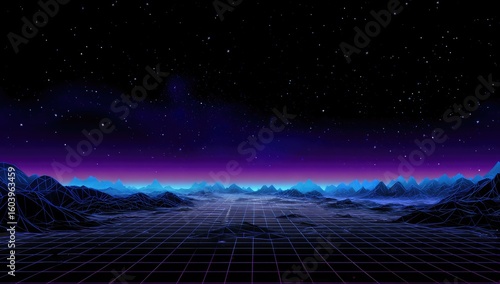 Futuristic digital landscape under a starry night sky