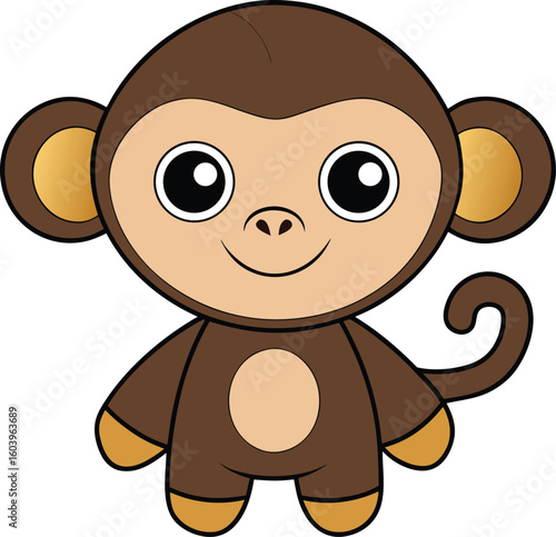 A cheerful cartoon monkey with large eyes smiles playfully against a white background, conveying a sense of childlike joy.