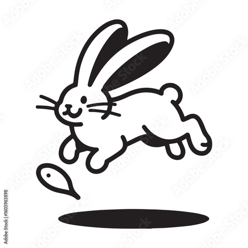 A clean vector illustration of a cheerfully hopping bunny with long, floppy ears and a friendly expression. 