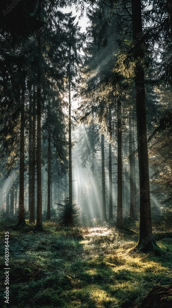 Naklejka premium Majestic forest scene featuring sunlight streaming through tall green trees and mist